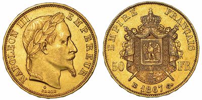 Francia. Napoleon III, 1852-1870. 50 Francs 1867. Strasburgo.