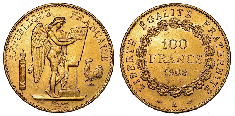 FRANCIA. TROISIEME REPUBLIQUE, 1871-1940. 100 Francs 1908. Parigi  - Auction Numismatics - I - Cambi Casa d'Aste