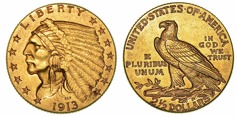 USA. REPUBLIC. 2,5 Dollars "Indian Head" 1913.  - Asta Numismatica - I - Cambi Casa d'Aste