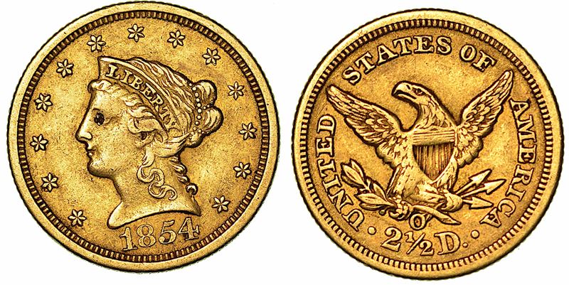 USA. REPUBLIC. 2,5 Dollars "Liberty" 1854. New Orleans.  - Asta Numismatica - I - Cambi Casa d'Aste