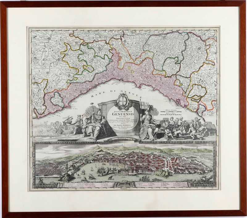 Homanni, Io Baptistae : Johann Homann (1664-1724) Status Reipublicae Gebuensis nec non prospectuum Celeberrimae ejusdem urbis et portus... Norimberga Sec. XVIII  - Asta Libri antichi e rari, Stampe, Vedute e Mappe - Cambi Casa d'Aste