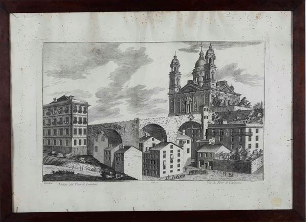 A.Giolfi, Torricelli, G.L.Guidotti Veduta della chiesa e del ponte di Carignano. Metà secolo XVIII.
