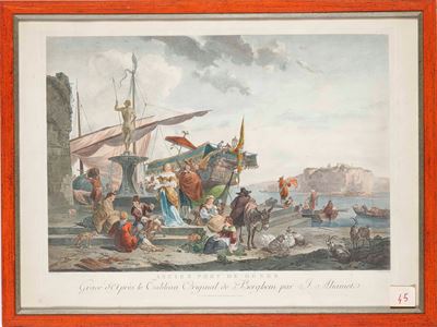 Ancien Port De Gênes Grave D'opres le Tableau Original Berghem Par J. Aliamet... Parigi,1766 Ca