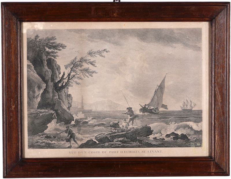 Aveline, J.F. da Vernet, Joseph Vue dun coste du port d'echelle au levant Francia, XVIII-XIX secolo  - Asta Stampe Antiche e Moderne - Cambi Casa d'Aste
