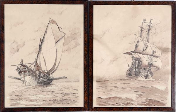 Frederic Bernelle Due disegni di galeoni, 1926