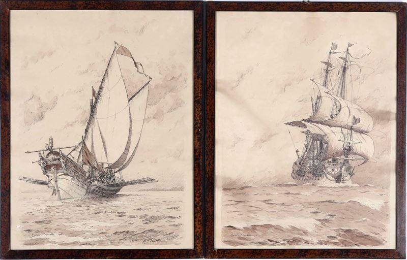 Frederic Bernelle Due disegni di galeoni, 1926  - Asta Stampe Antiche e Moderne - Cambi Casa d'Aste