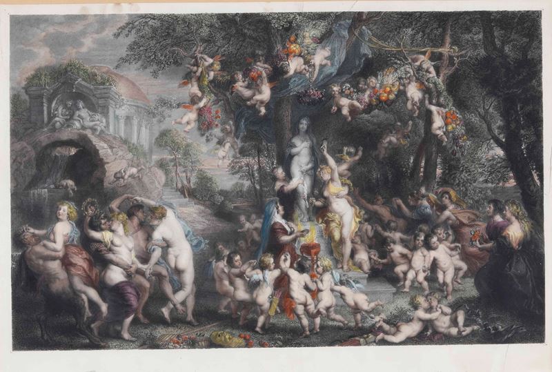 Johanes Sarmelitery ? Scena di baccanale con putti alla maniera di Peter Paul Rubens, Francia, sec. XIX  - Asta Stampe, Vedute e Carte Geografiche - Cambi Casa d'Aste