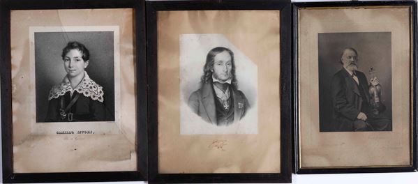 Compositori e violinisti. Tre ritratti incisi raffiguranti violinisti