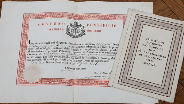 Genova, Napoli ed altro Lotto composito di 5 piccole incisioni incorniciate, una patente notarile e un privilegio notarile manoscritto