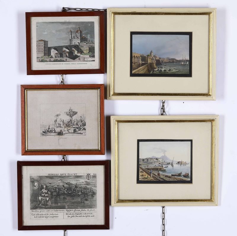 Genova, Napoli ed altro Lotto composito di 5 piccole incisioni incorniciate, una patente notarile e un privilegio notarile manoscritto  - Asta Stampe Antiche e Moderne - Cambi Casa d'Aste