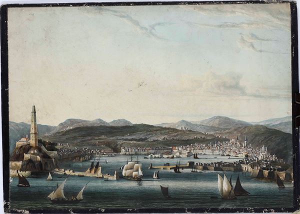 Ambroise-Louis Garneray. Vue de Genes pris de la mer vis-a-vis l'entre du port... Francia 1810 circa
