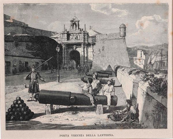 Genova-Vedute - R. Brandard, Veduta di Genova, cm 23x33,3; - Porta vecchia della lanterna, illustrazione tratta presumibilmente dal volume "Italia. Viaggio pittoresco dalle Alpi all'Etna", dimensioni ritaglio cm 34,5x27,5