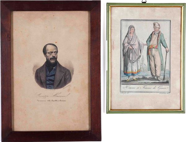 Giuseppe Mazzini/Coppia di genovesi/Gibilterra/Beethoven Lotto composito di quattro stampe diverse del secolo XIX