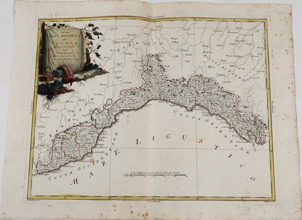 Une veduta panoramica e due carte topografiche di Genova