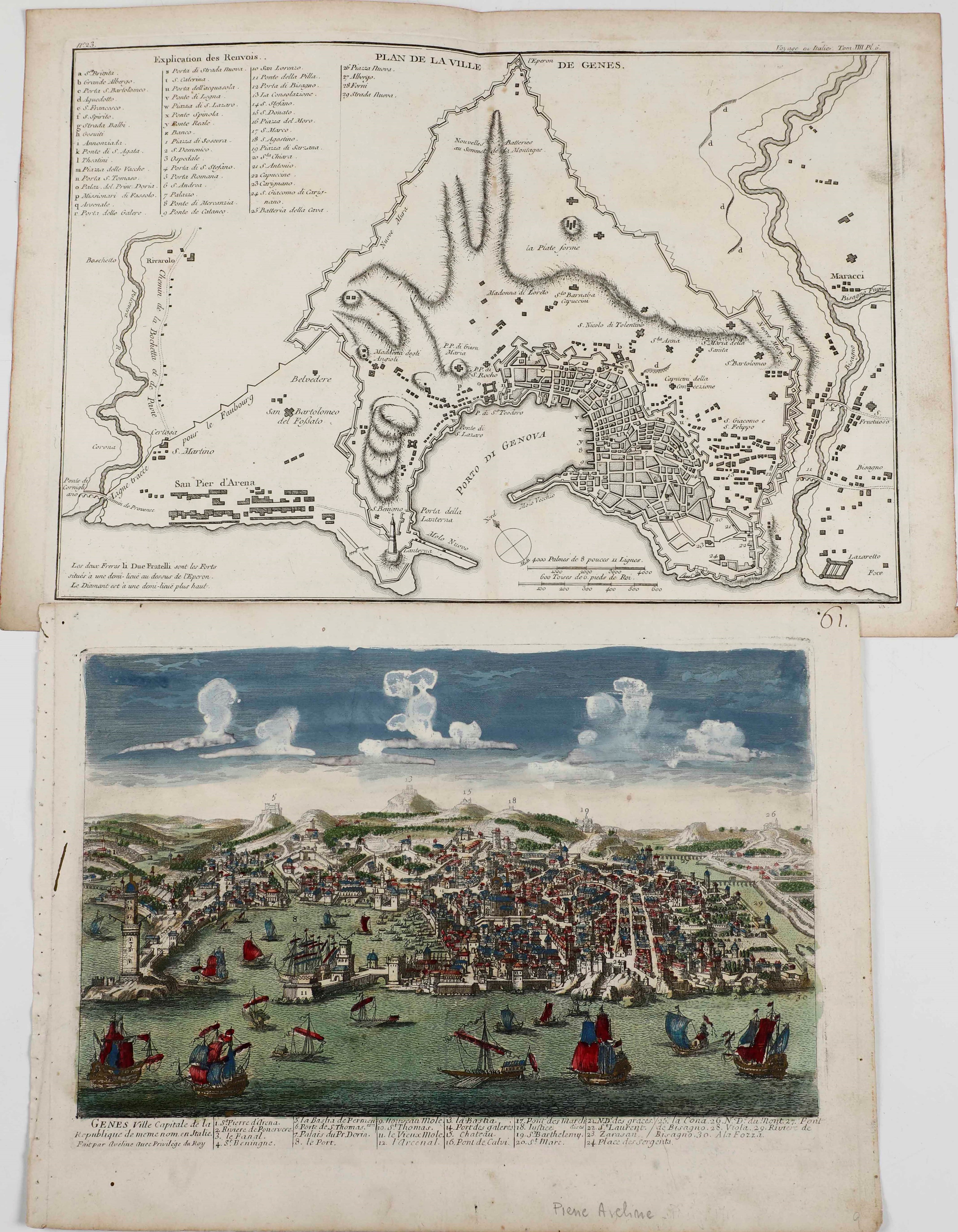 Une Veduta Panoramica e Due Carte Topografiche di Genova