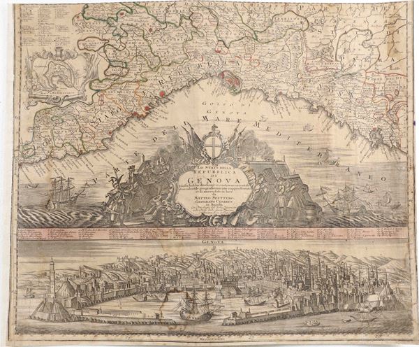 Carta topografica e veduta di Genova, 1730