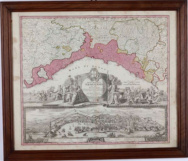 Veduta e carta topografica di Genova, 1734
