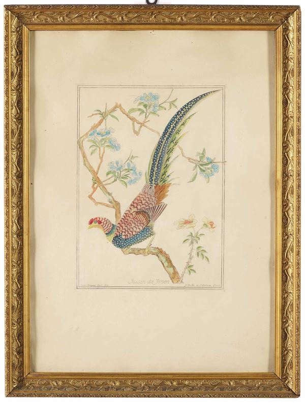 Incisione raffigurante uccello in stile orientale in cornice