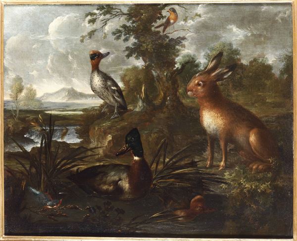 Scuola lombarda della fine del XVII secolo Paesaggio con lepre e anatre