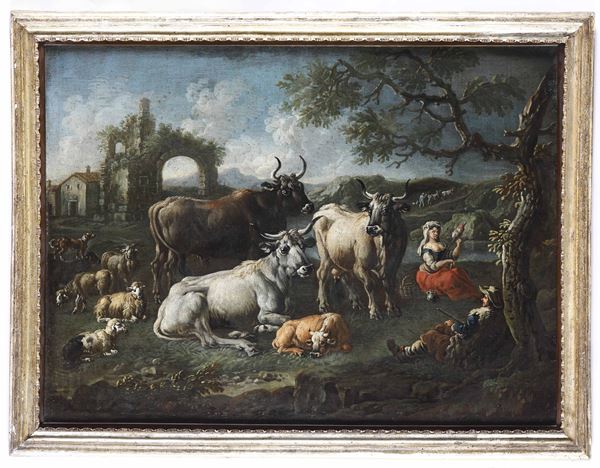 Philipp Peter Roos detto Rosa da Tivoli - Paesaggio con pastore, armenti e filatrice