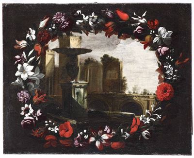 Paesaggio con Architetture Entro Ghirlanda di Fiori