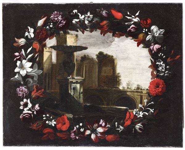 Carlo Antonio Procaccini - Paesaggio con architetture entro ghirlanda di fiori