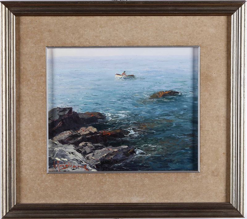 Giuseppe Arigliano : Imbarcazione con pescatore  - olio su tela - Auction 19th Century Paintings - Cambi Casa d'Aste