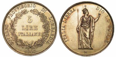 Milano. Governo Provvisorio di Lombardia, 1848. 5 Lire 1848.