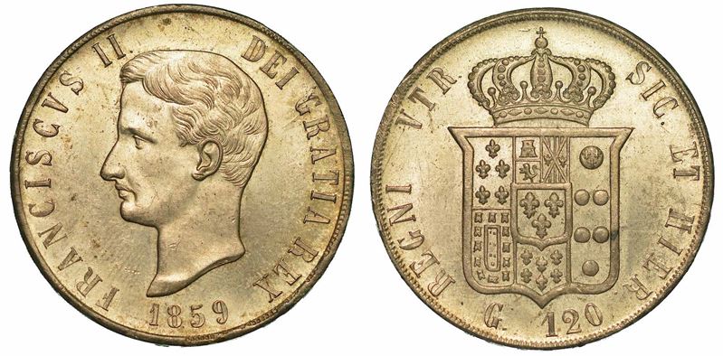 NAPOLI. FRANCESCO II DI BORBONE, 1859-1860. Piastra da 120 Grana 1859.  - Auction Numismatics - I - Cambi Casa d'Aste