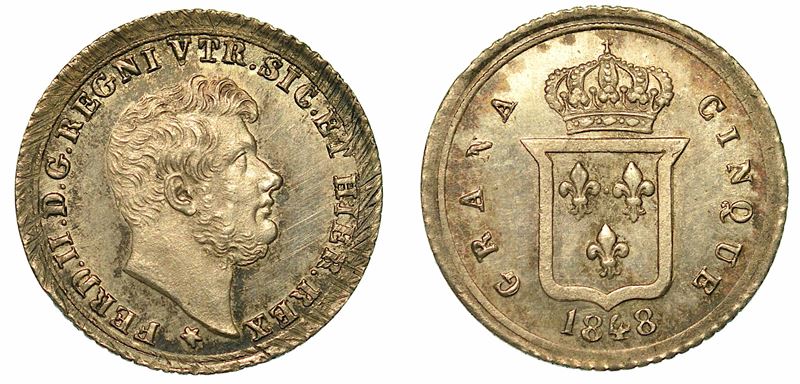 NAPOLI. FERDINANDO II DI BORBONE, 1830-1859. Mezzo Carlino da 5 Grana 1848.  - Auction Numismatics - I - Cambi Casa d'Aste