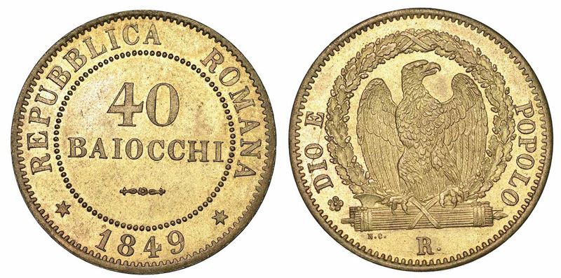 ROMA. SECONDA REPUBBLICA ROMANA, 1848-1849. 40 Baiocchi 1849.  - Auction Numismatics - I - Cambi Casa d'Aste