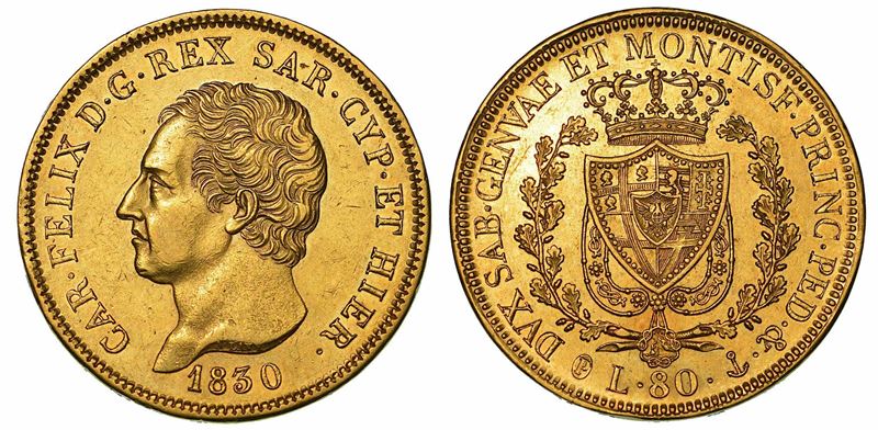 REGNO DI SARDEGNA. CARLO FELICE DI SAVOIA, 1821-1831. 80 Lire 1830. Genova.  - Auction Numismatics - I - Cambi Casa d'Aste