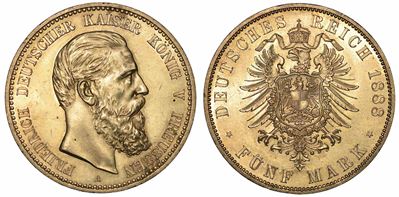 Germania - Prussia. Friedrich III, 1852-1907. 5 Mark 1888. Berlino.