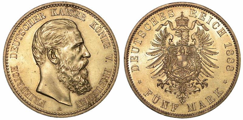 GERMANIA - PRUSSIA. FRIEDRICH III, 1852-1907. 5 Mark 1888. Berlino.  - Auction Numismatics - I - Cambi Casa d'Aste