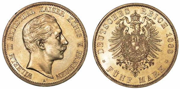 GERMANIA - PRUSSIA. WILHELM II, 1888-1918. 5 Mark 1888. Berlino.