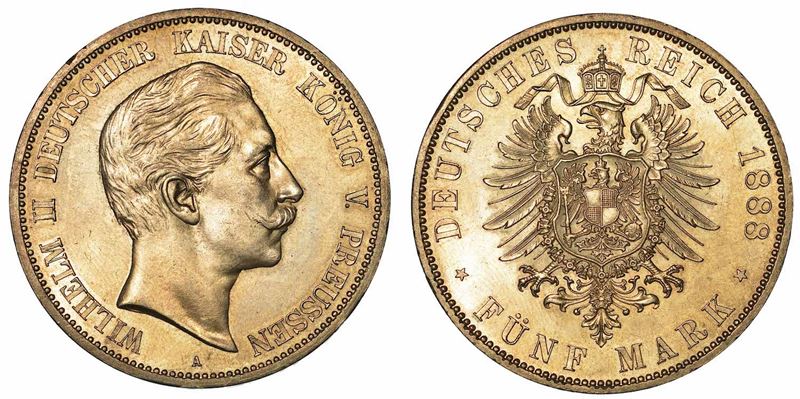 GERMANIA - PRUSSIA. WILHELM II, 1888-1918. 5 Mark 1888. Berlino.  - Asta Numismatica - I - Cambi Casa d'Aste