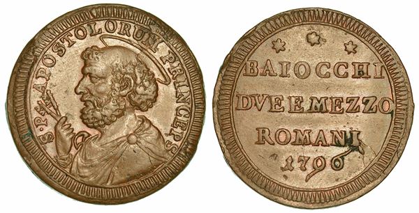 PIO VI (GIOVANNI ANGELO BRASCHI DI CESENA), 1775-1799. Sampietrino da 2 e ½ Baiocchi 1796. Roma.