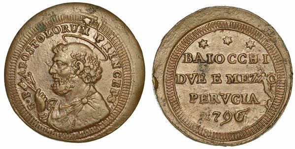 PIO VI (GIOVANNI ANGELO BRASCHI DI CESENA), 1775-1799. Sampietrino da 2 e ½ Baiocchi 1796. Perugia.