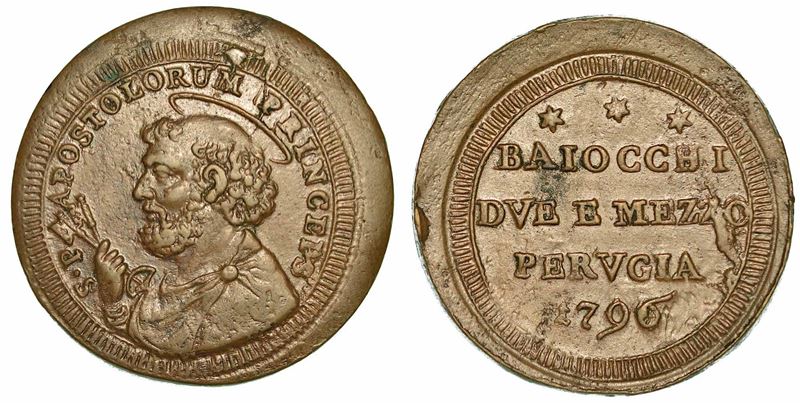PIO VI (GIOVANNI ANGELO BRASCHI DI CESENA), 1775-1799. Sampietrino da 2 e ½ Baiocchi 1796. Perugia.  - Asta Numismatica - I - Cambi Casa d'Aste