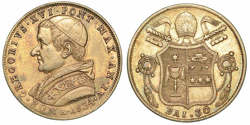 GREGORIO XVI (BARTOLOMEO ALBERTO CAPPELLARI), 1831-1846. 30 Baiocchi 1834/A. IV. Roma.  - Asta Numismatica - I - Cambi Casa d'Aste