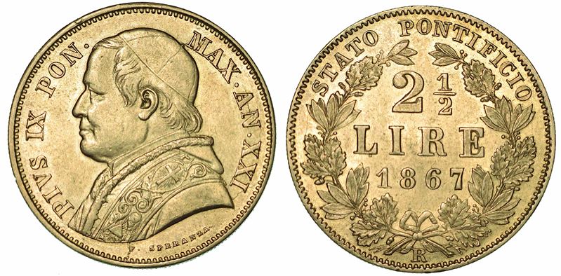 PIO IX (GIOVANNI MARIA MASTAI FERRETTI), 1846-1878. 2 1/2 Lire 1867/A. XXI.  - Auction Numismatics - I - Cambi Casa d'Aste