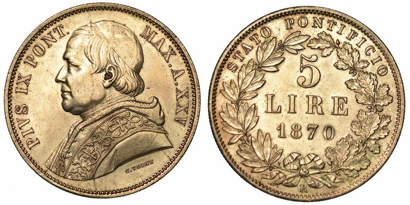 PIO IX (GIOVANNI MARIA MASTAI FERRETTI), 1846-1878. 5 Lire 1870/A. XXV.  - Auction Numismatics - I - Cambi Casa d'Aste