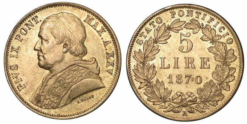 PIO IX (GIOVANNI MARIA MASTAI FERRETTI), 1846-1878. 5 Lire 1870/A. XXV.  - Asta Numismatica - I - Cambi Casa d'Aste