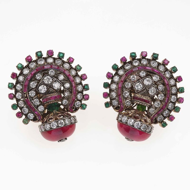 Pair of diamond and synthetic gem earrings  - Auction Fine Jewels - Cambi Casa d'Aste