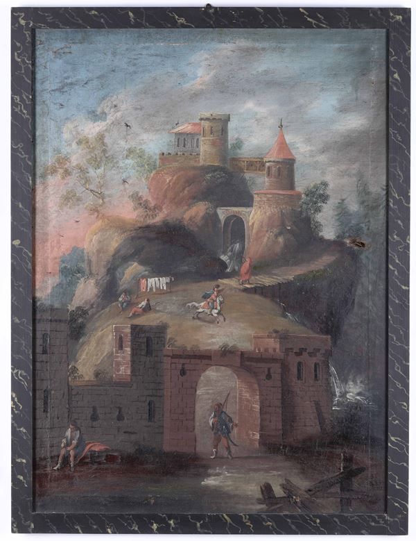 Scuola del XVIII secolo Paesaggio con mura e fortezza