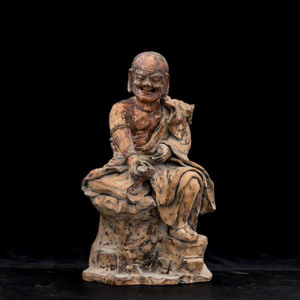 Figura di saggio in terracotta parzialmente dipinta, Cina, Dinastia Qing, XIX secolo