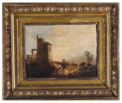 Anonimo del XIX Secolo Paesaggio con Architetture e Figure
