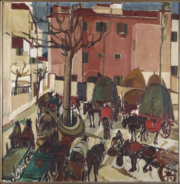 Pittore del XIX-XX secolo Piazza con cavalli e carrozze