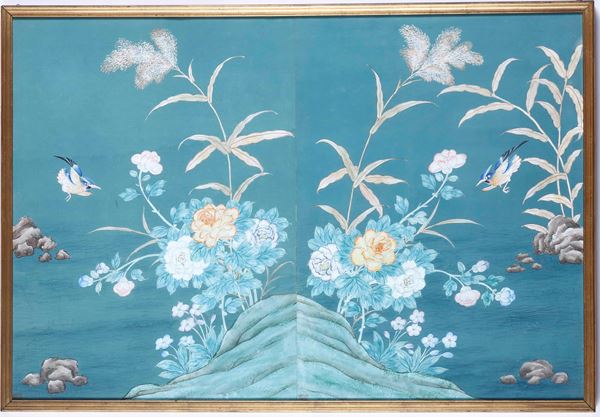 Dipinto su carta raffigurante soggetto naturalistico con uccellini e fiori, Cina, Dinastia Qing, XIX secolo