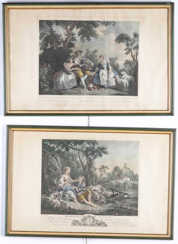 Tre stampe raffiguranti scene galanti. Francia XIX-XX secolo